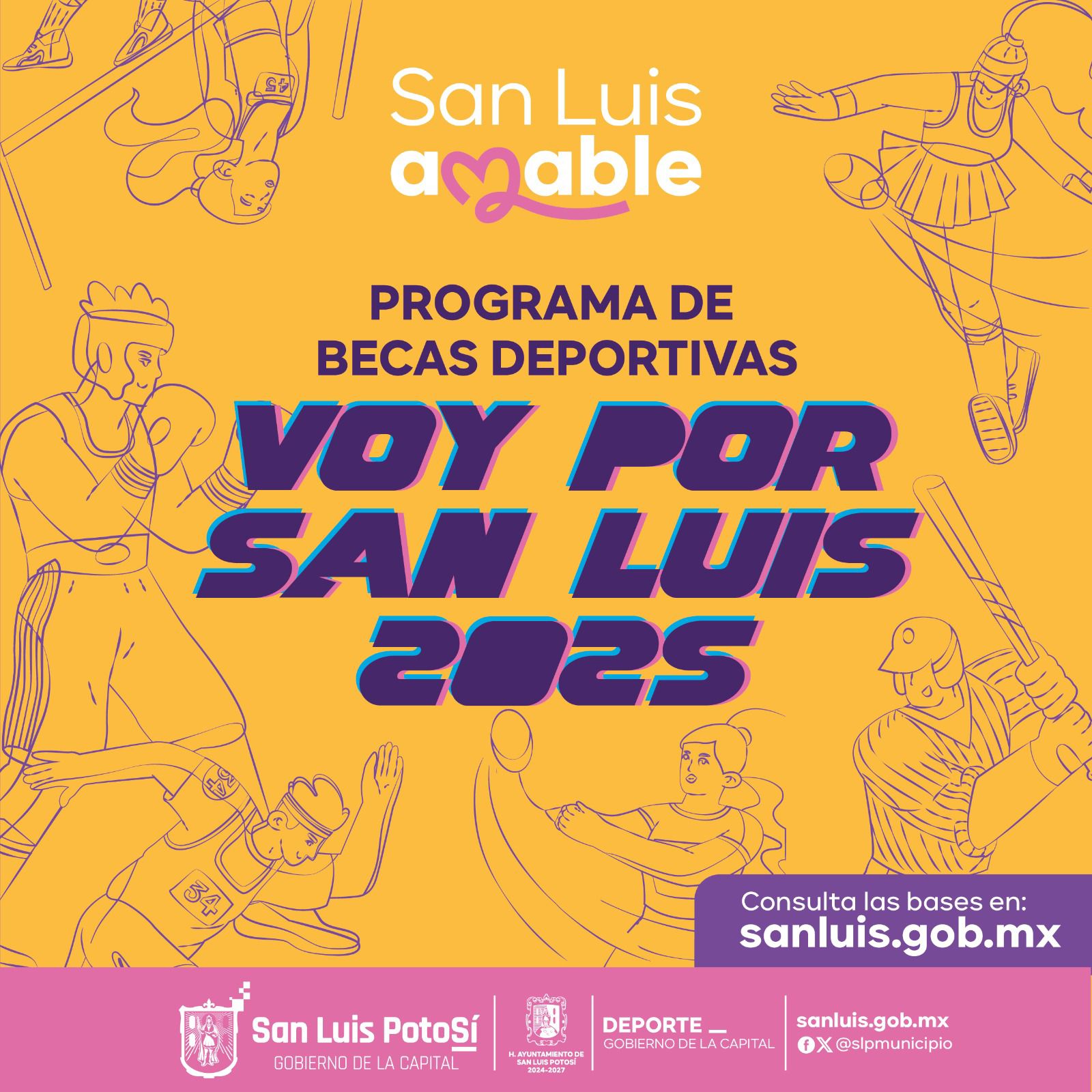 Fondo amarillo con ilustraciones de varios deportistas y el nombre del programa